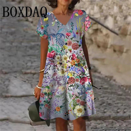 Floral print women's V-neck summer dress with short sleeves, perfect for casual fashion