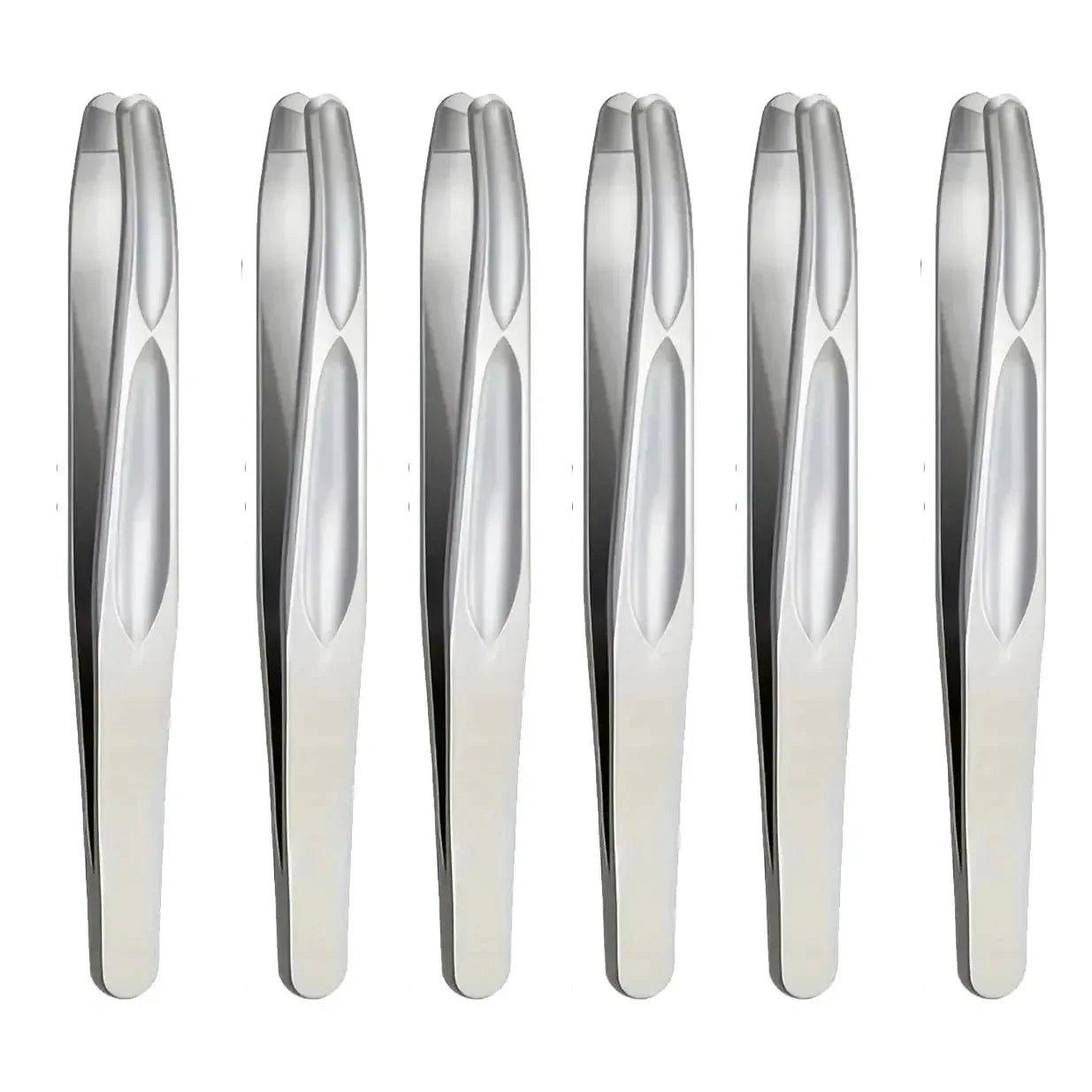 Six sleek stainless steel tweezers for precise beauty grooming and facial care