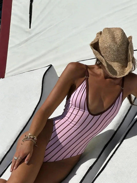 Print Deep V Neck One Piece Swimsuit Women Swimwear Bodysuit Monokini High Leg Swim Suit Bathing Suit Beachwear - Womans Fashion
