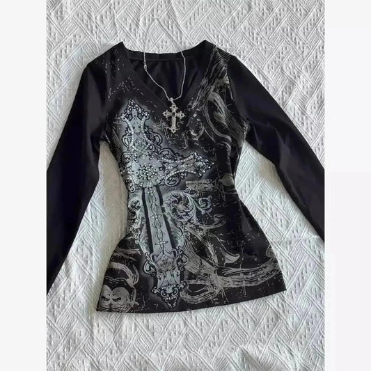 Black long sleeve top with gothic cross print and silver necklace, women's fashion