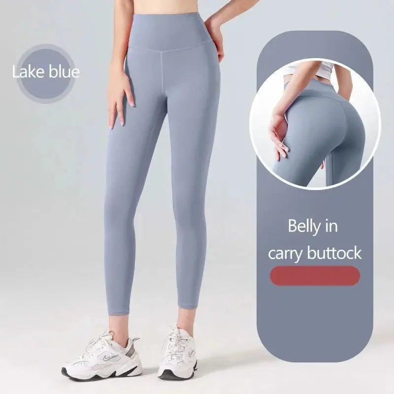 Lake blue high-waisted leggings with belly control and lift, perfect for women's fashion and fitness