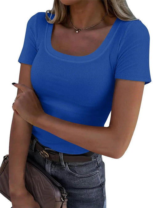 Blue ribbed women's scoop neck t-shirt with short sleeves, paired with jeans and a belt