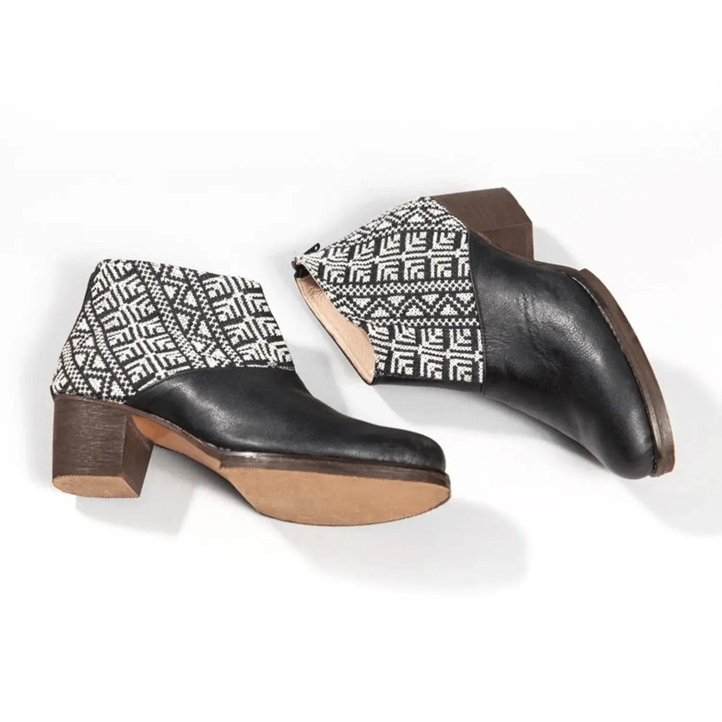 Black leather ankle boots with geometric print fabric, block heel, women's fashion footwear