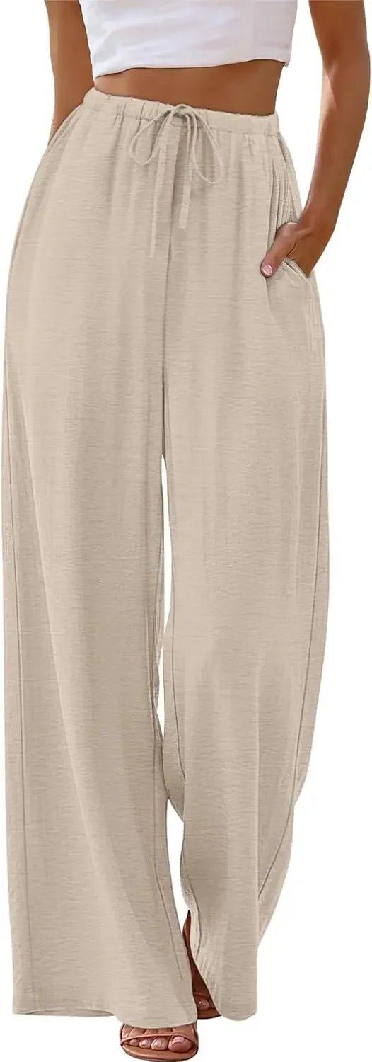 Beige wide-leg drawstring pants for women, casual comfort style