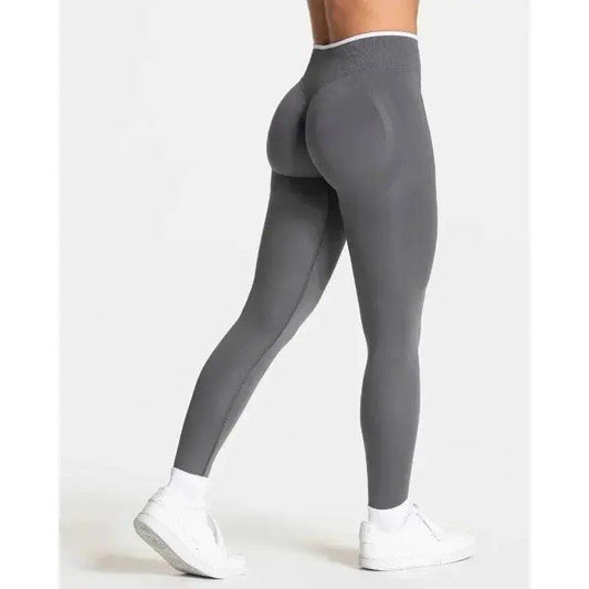 Gray high-waisted workout leggings with white sneakers, women's fitness fashion