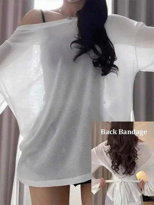 White off-shoulder bandage top with back tie detail, women's fashion