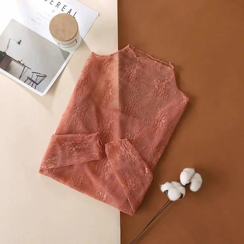 Dusty rose lace long sleeve top for women, elegant fashion blouse with sheer texture and floral pattern