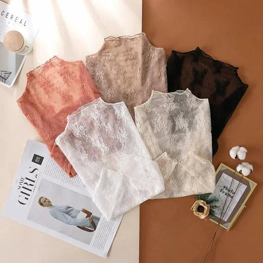 Lace women's tops in white, black, pink, beige — elegant fashion blouses for layering or solo wear