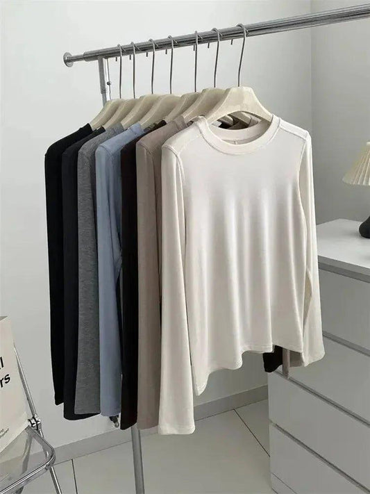 Women's long sleeve tops in neutral colors, stylish fashion basics for everyday wear