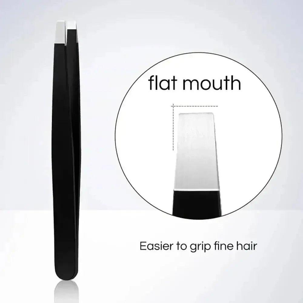 Black precision tweezers with flat mouth tip for gripping fine hair, beauty and fashion accessory