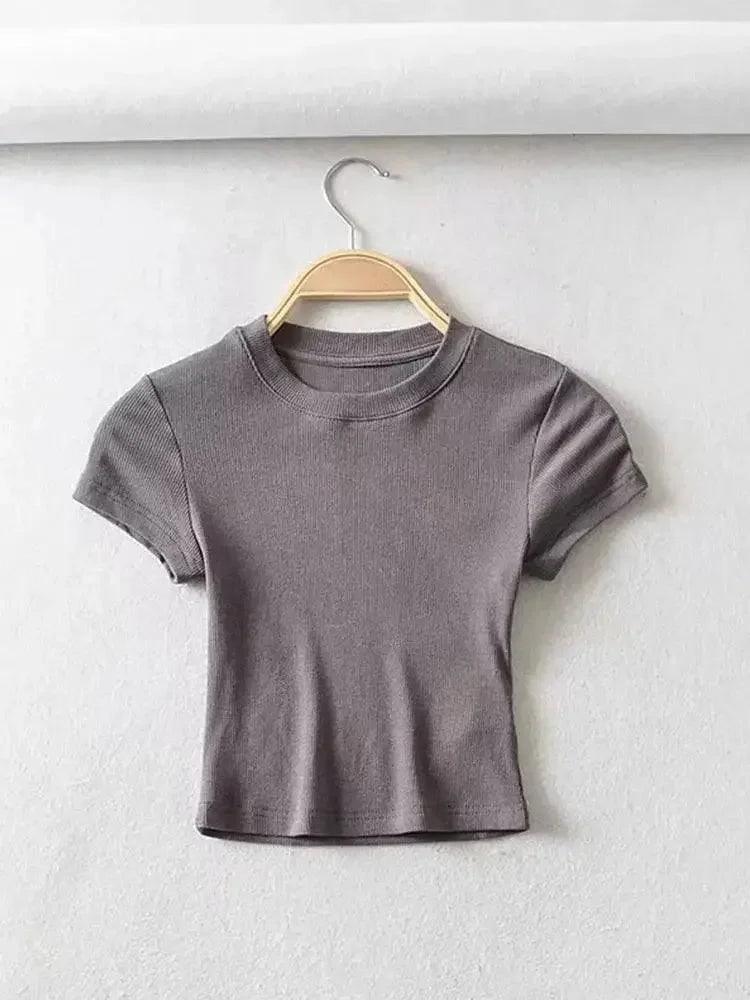 Gray ribbed crop top for women, short sleeve fashion tee on hanger