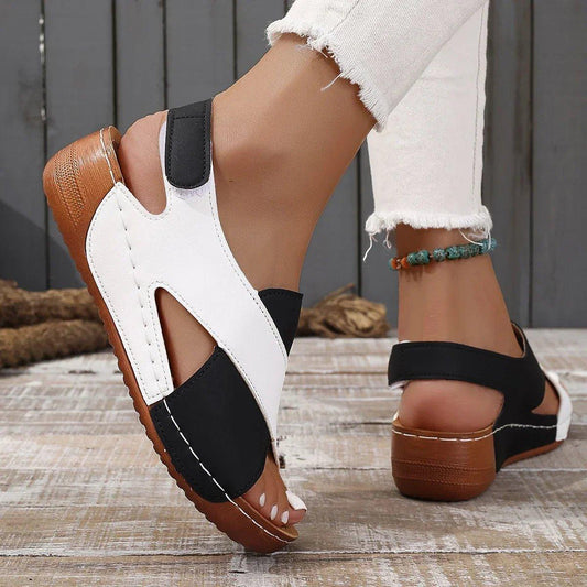 White and black women's wedge sandals with brown sole, stylish summer footwear for casual wear
