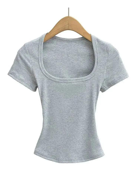 Gray ribbed women's crop top with square neckline and short sleeves on wooden hanger