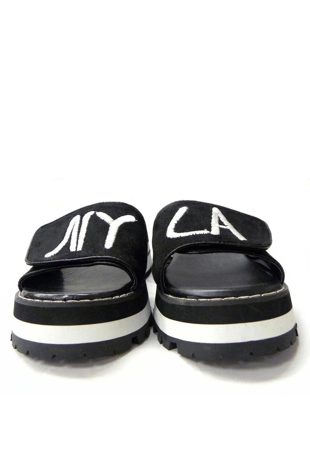 Black platform sandals with white 'NY LA' embroidery, women's fashion footwear