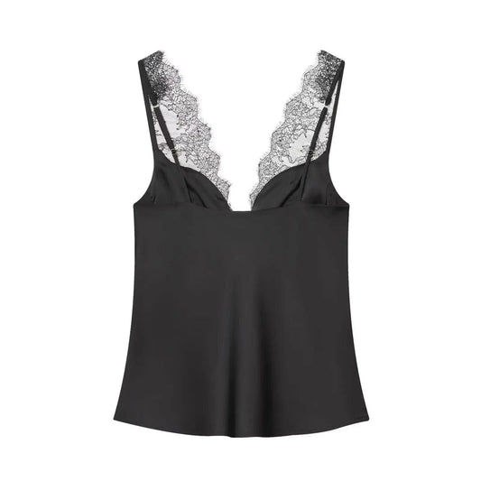 Black lace-trimmed satin camisole top for women's fashion