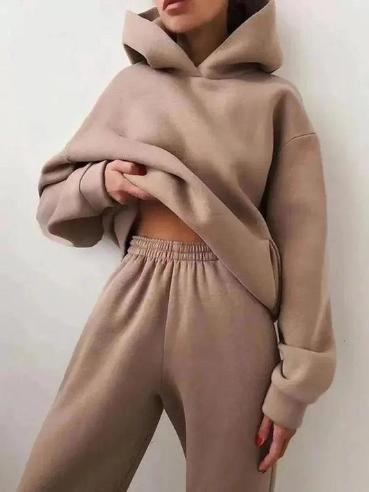 Women's beige oversized hoodie and matching joggers set, casual fashion