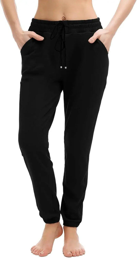 Black women's jogger pants with drawstring waist and side pockets, casual fashion wear