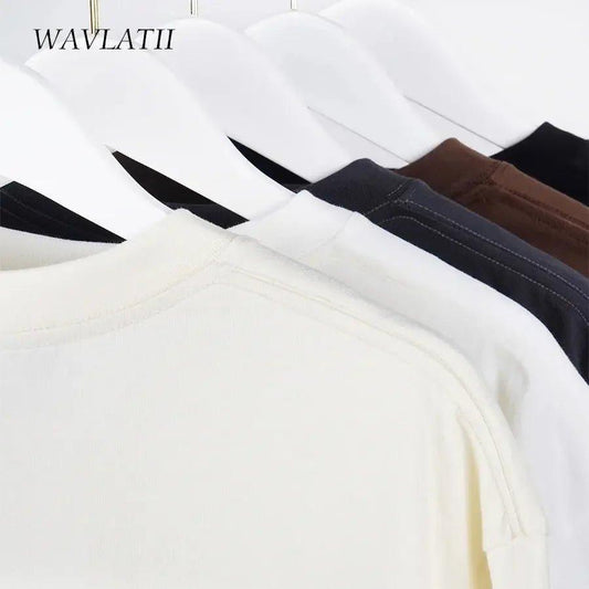 WAVLATII women's solid color crew neck t-shirts in white, black, navy, brown on hangers