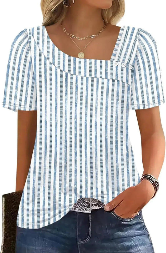 Blue and white striped women's blouse with puff sleeves and square neckline, paired with jeans