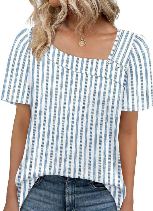 Blue and white striped women's top with square neckline and puff sleeves, paired with jeans