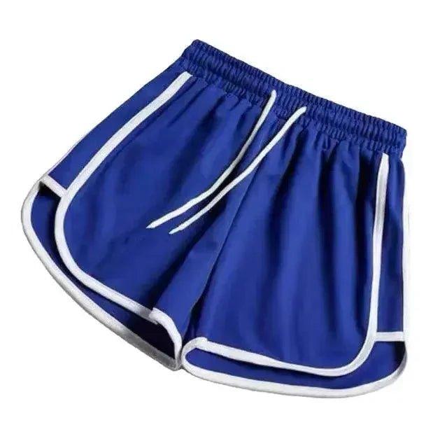 Royal blue women's athletic shorts with white trim and drawstring waist