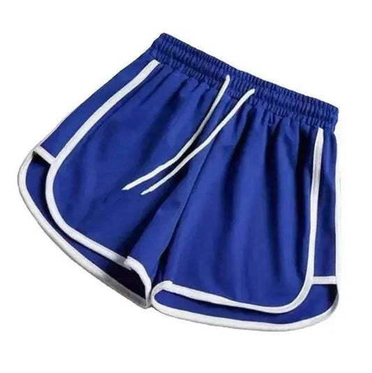 Royal blue women's athletic shorts with white trim and drawstring waist