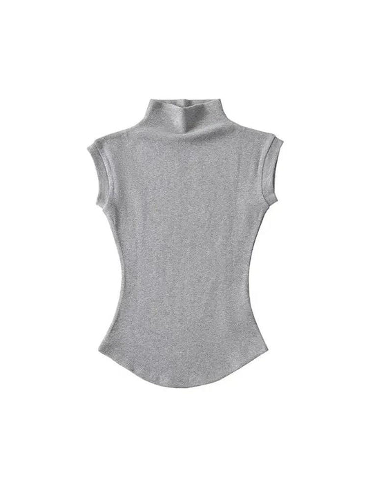 Gray women's sleeveless turtleneck top, stylish fashion blouse for casual wear