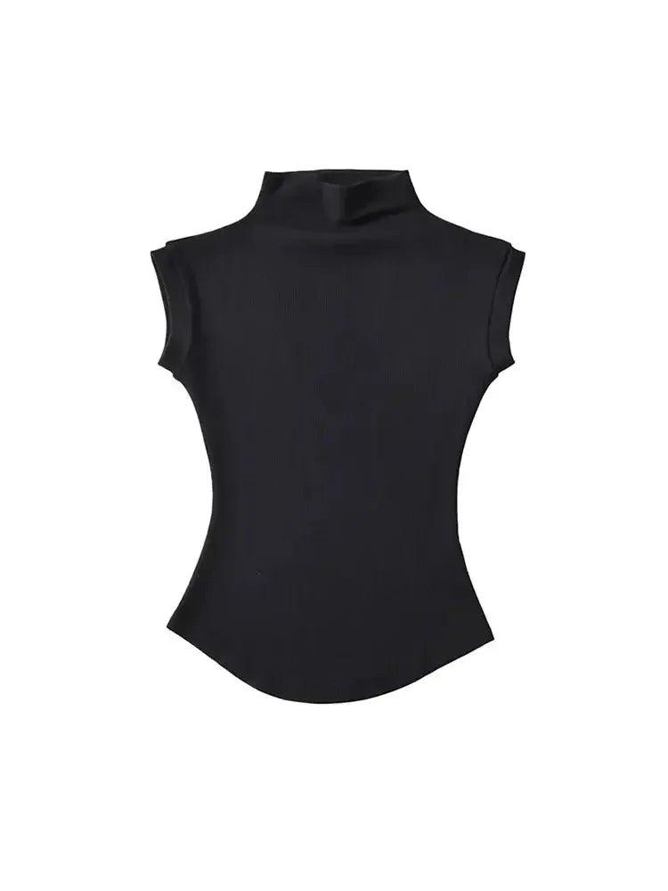 Black sleeveless turtleneck top for women, stylish and form-fitting fashion blouse