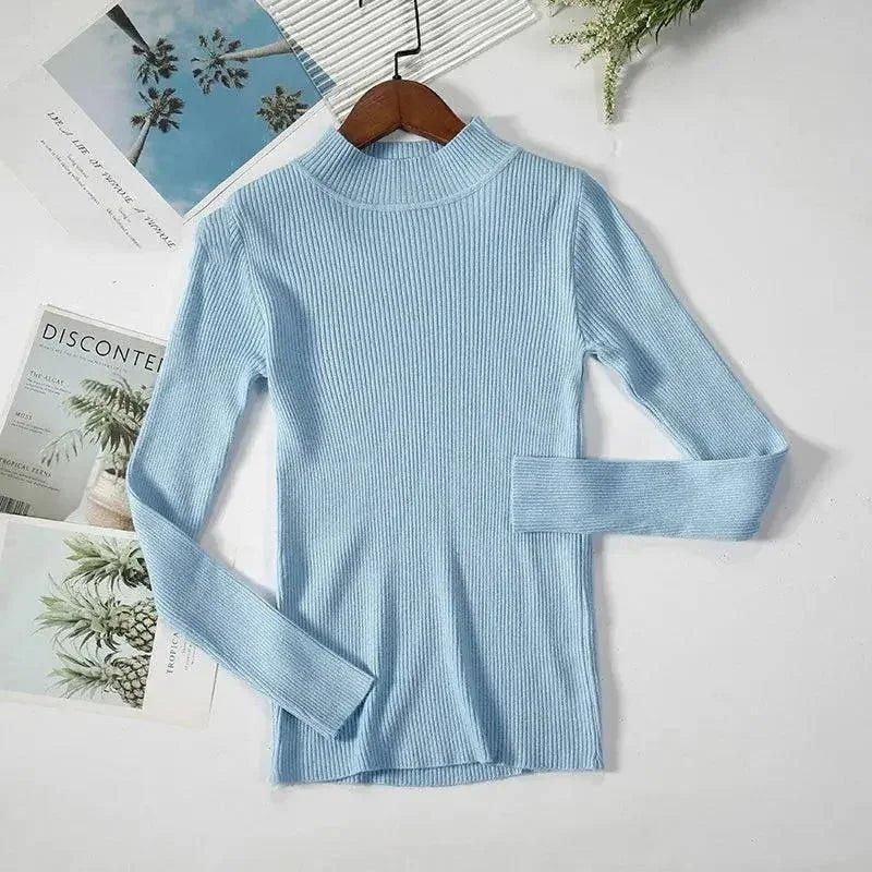 Light blue ribbed long sleeve turtleneck sweater for women, stylish fashion top