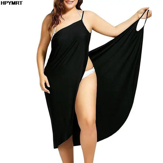 Black one-shoulder slip dress with high slit, plus size women's fashion