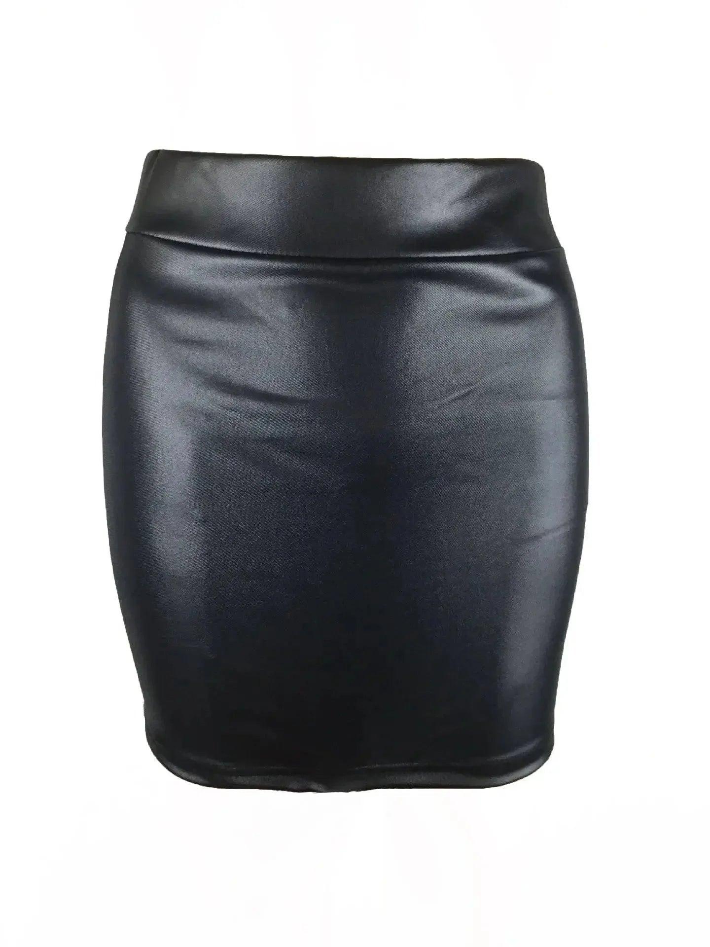 Black faux leather mini skirt for women's fashion, sleek and form-fitting design
