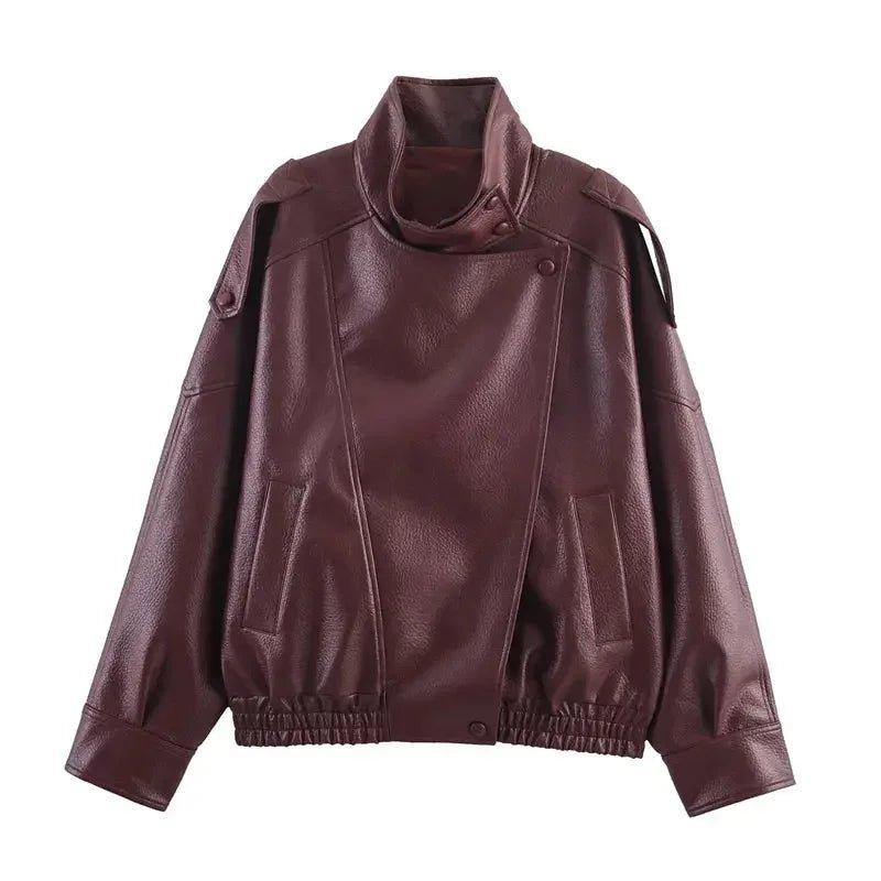 Women's burgundy faux leather moto jacket with high collar and shoulder straps