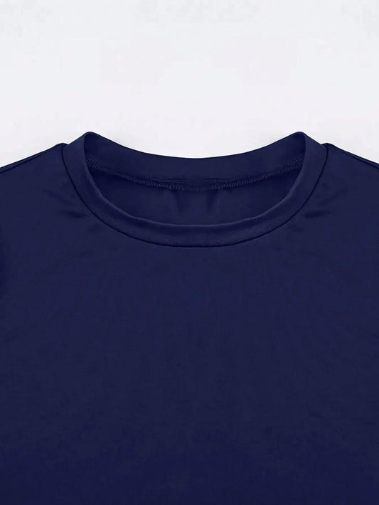 Navy blue women's fashion top with round neckline and smooth fabric texture