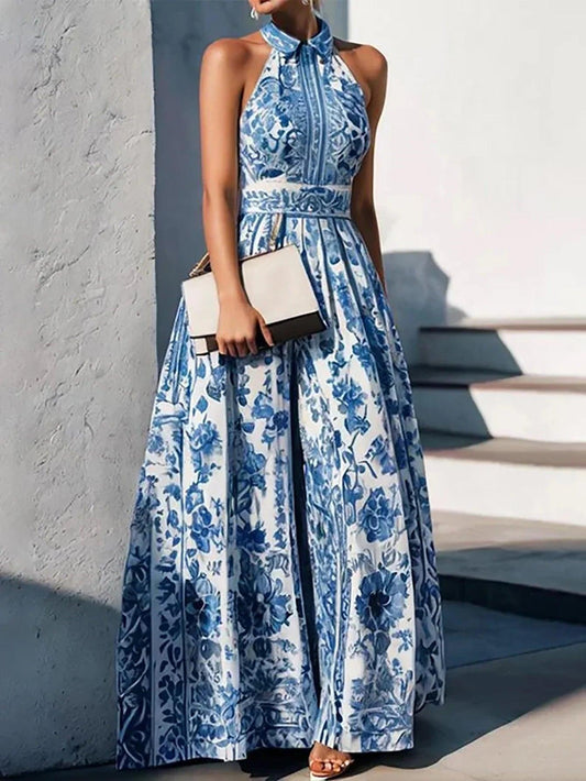 Blue and white floral halter maxi dress with belt, perfect for women's fashion events