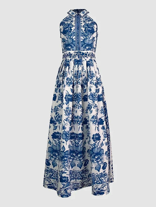 Blue and white floral print halter neck midi dress with collar detail