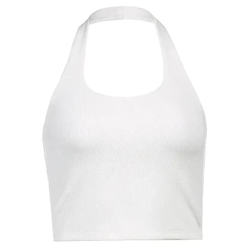 White ribbed halter neck crop top for women's fashion