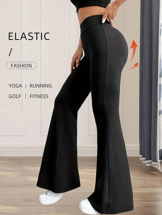 Black elastic flare yoga pants for fitness, running, and fashion wear