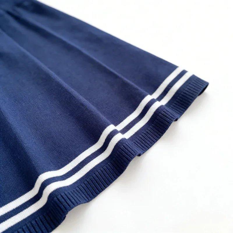 Navy blue pleated skirt with white stripes, women's fashion