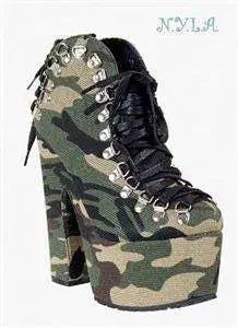 Camo platform boots with black laces and silver hardware, women's fashion footwear