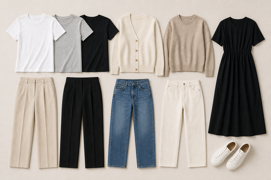 Minimalist wardrobe clothing laid out with tops, pants, a dress, knitwear, and sneakers