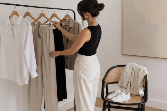 Simple everyday clothing pieces including a white shirt, tank top, pants, dress, jacket, and sneakers arranged neatly indoors