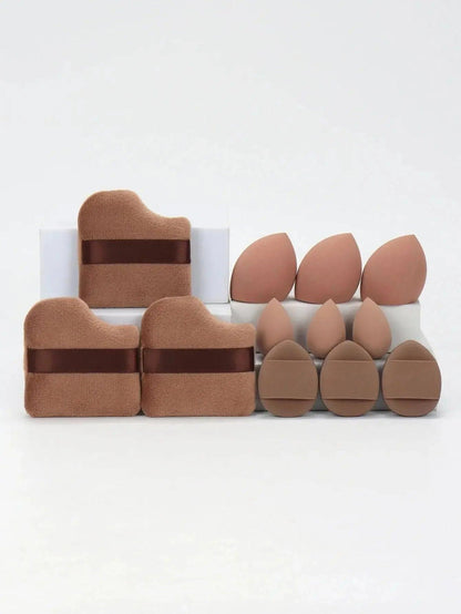 Set of brown makeup sponges and beauty blenders for flawless foundation application