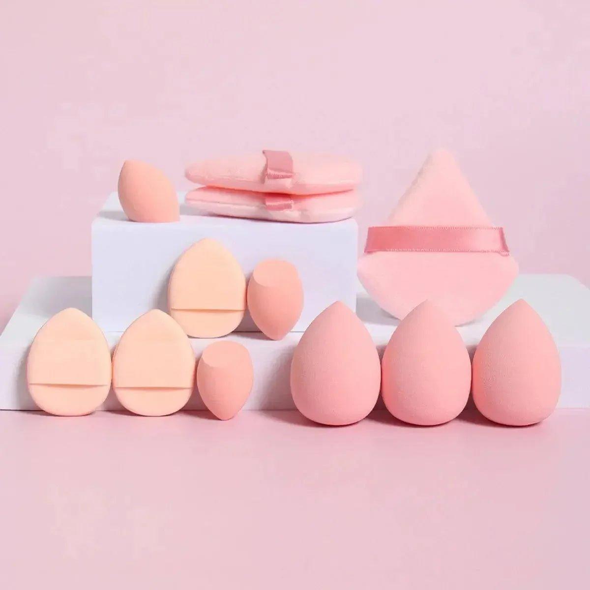 Pink and peach makeup sponges set with storage pouches for beauty application