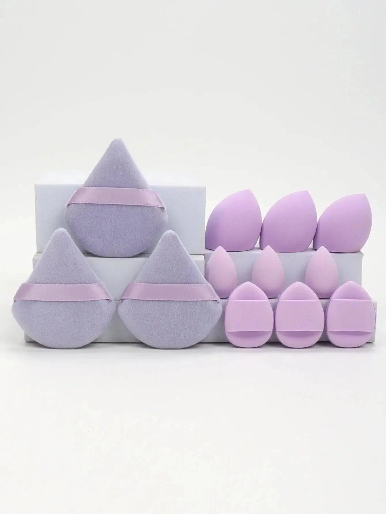 Lavender makeup sponges set with velvet pouches, beauty tools for flawless application