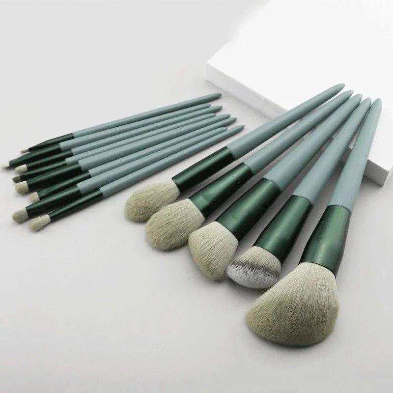 Green and gray makeup brushes set for face and eye application, beauty tools for women's fashion