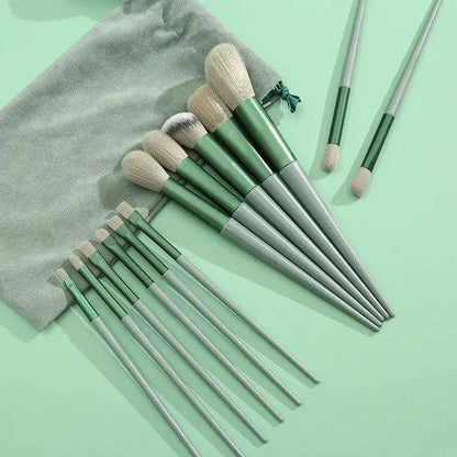 Green and silver makeup brushes set with velvet pouch, beauty tools for women's fashion