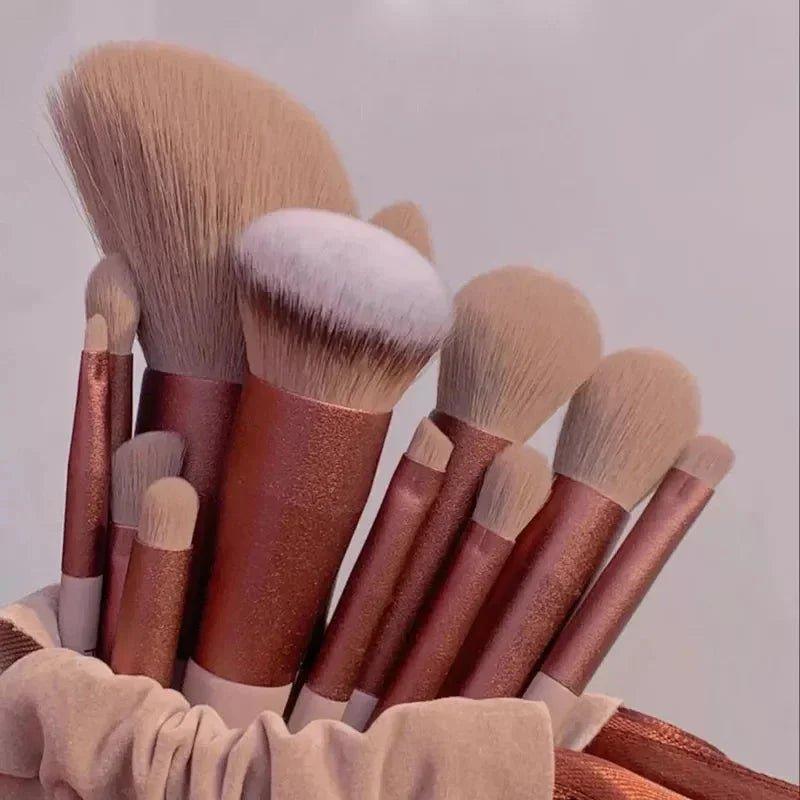 Luxury rose gold makeup brushes set in velvet pouch, perfect for women's beauty and fashion routines