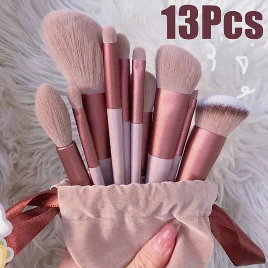 13-piece rose gold makeup brush set in velvet pouch, perfect for women's beauty and fashion routines