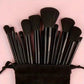 Black makeup brushes set in velvet pouch, beauty tools for women's fashion and cosmetics