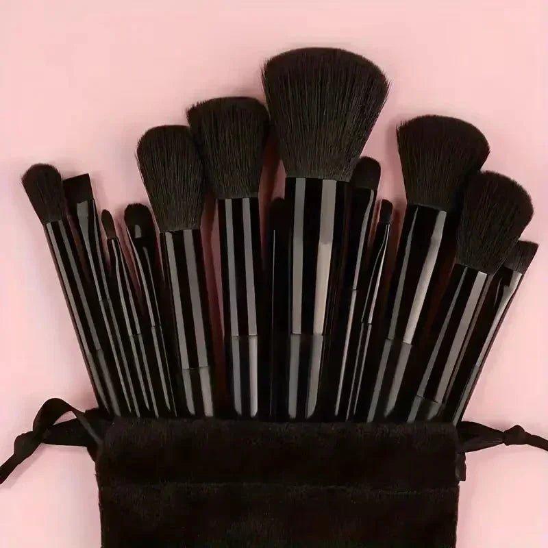 Black makeup brushes set in velvet pouch, beauty tools for women's fashion and cosmetics